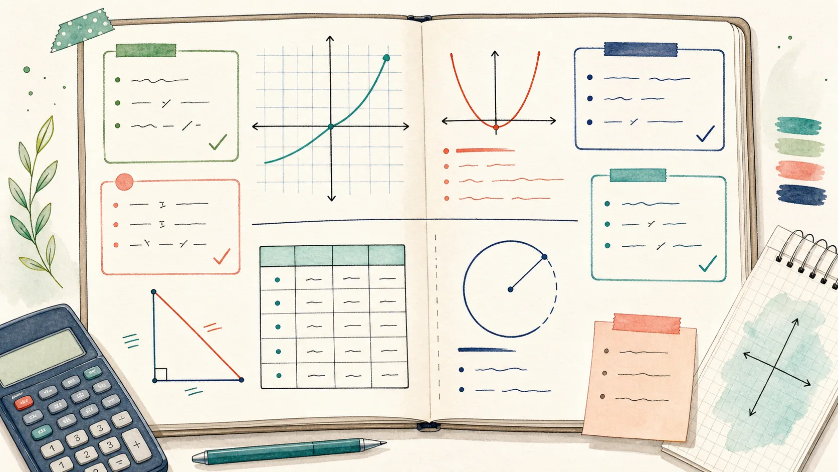 Hand-drawn SAT Math formula board with graphs, geometric sketches, and calculator notes