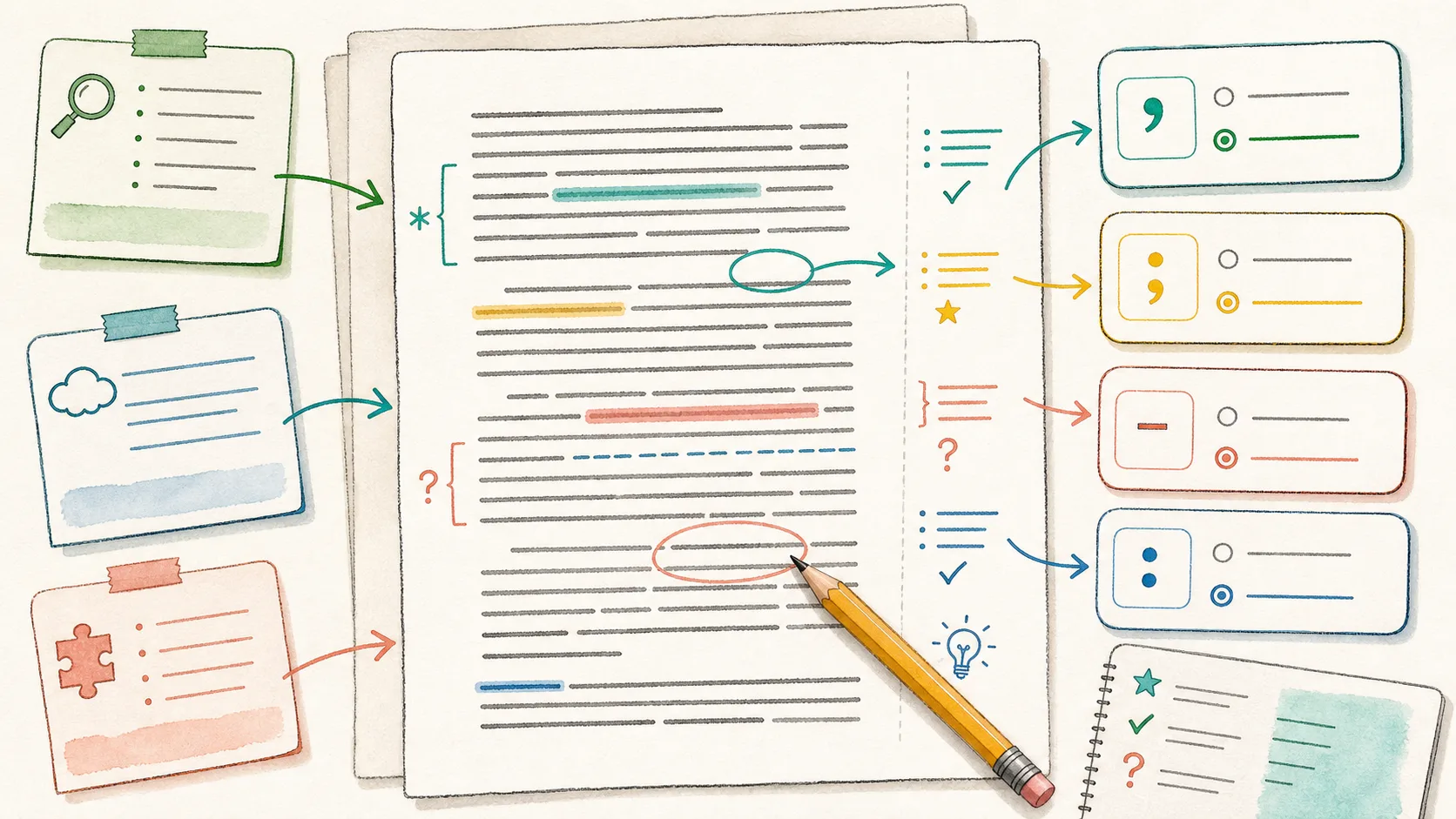Hand-drawn SAT Reading and Writing annotation board with passage highlights, evidence arrows, and punctuation notes