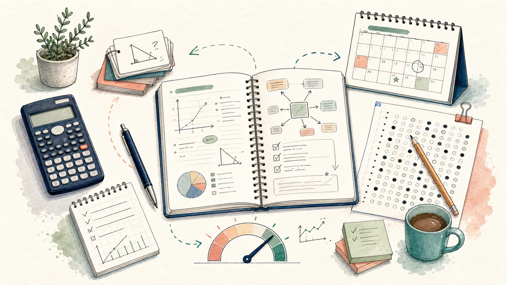 Hand-drawn SAT study desk with practice questions, flashcards, score planning, and calendar notes