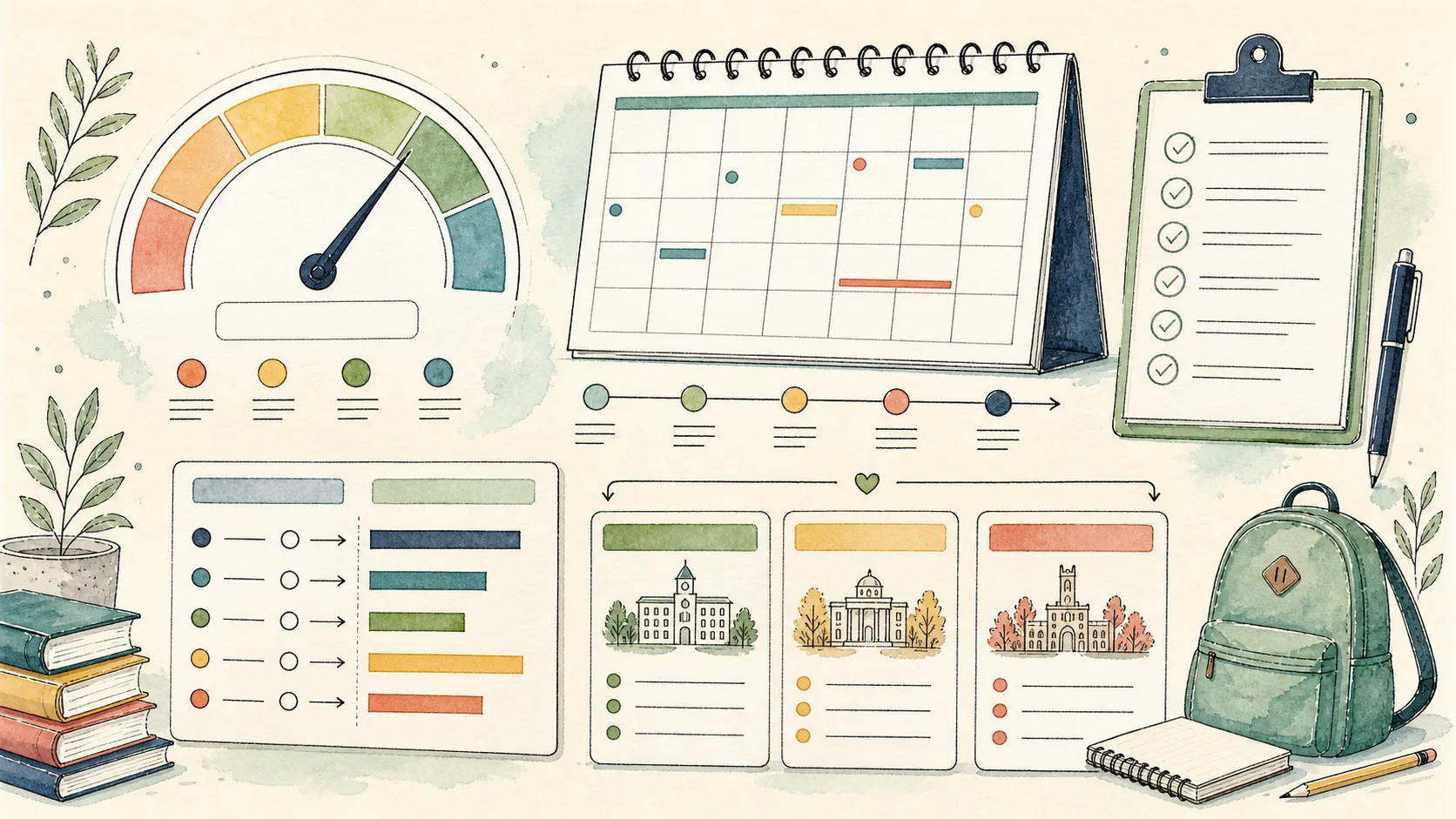 Hand-drawn SAT registration and score planning board with calendar, checklist, and test-day notes